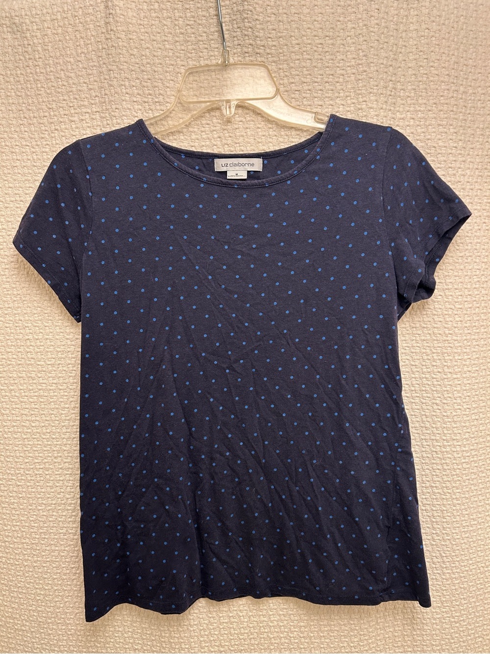 Liz Claiborne Navy with Light Blue Polka Dot Short Sleeve Tee